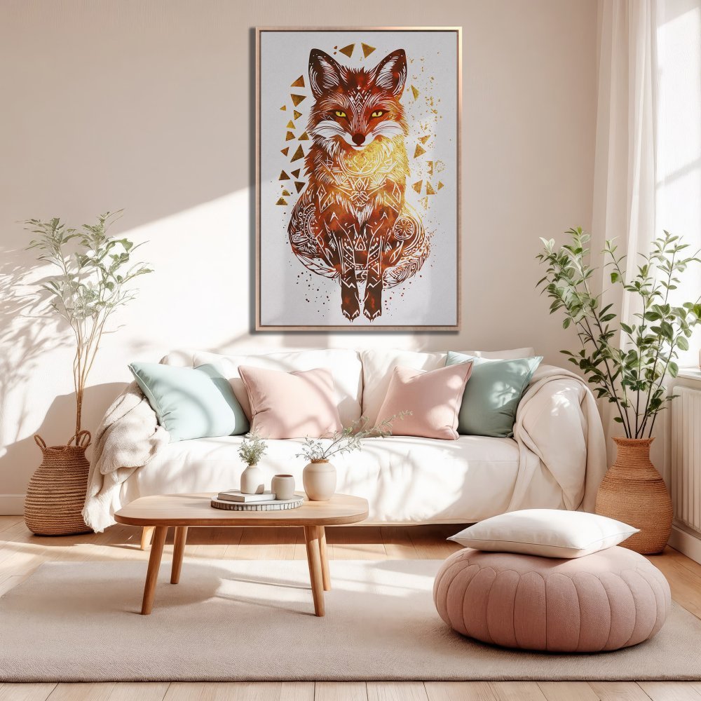 Framed Wall Art: Majestic fox illustration in warm orange and gold tones. Modern, boho style canvas print adds a touch of nature to any room.