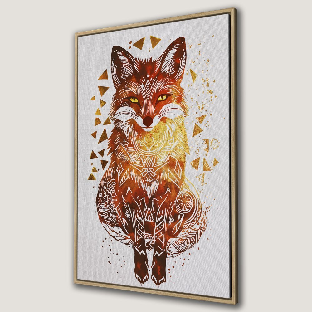 Framed Wall Art: Watercolor fox Canvas Print with tribal design, warm orange & gold hues. Perfect for rustic home decor!