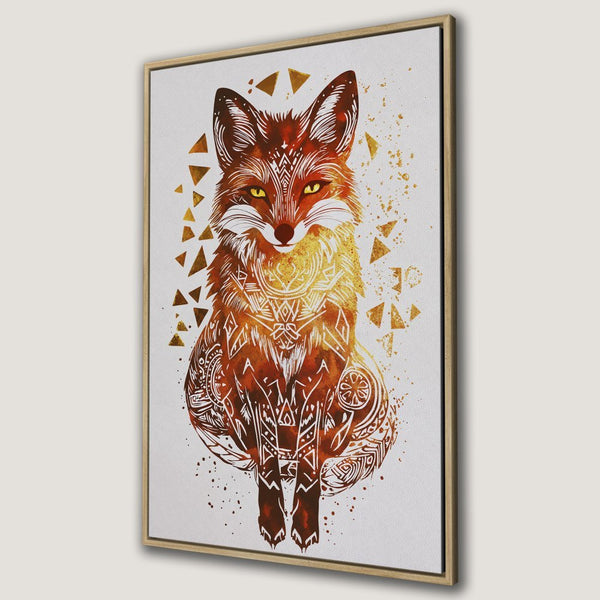 Framed Wall Art: Watercolor fox Canvas Print with tribal design, warm orange & gold hues. Perfect for rustic home decor!