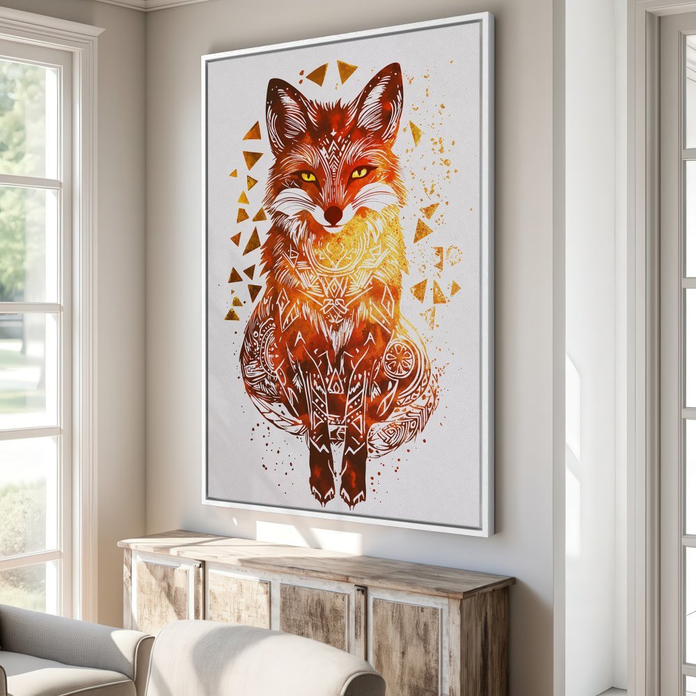 Framed Wall Art: Watercolor fox print in warm orange and gold tones. Add a touch of boho style to your home decor with this beautiful canvas print.