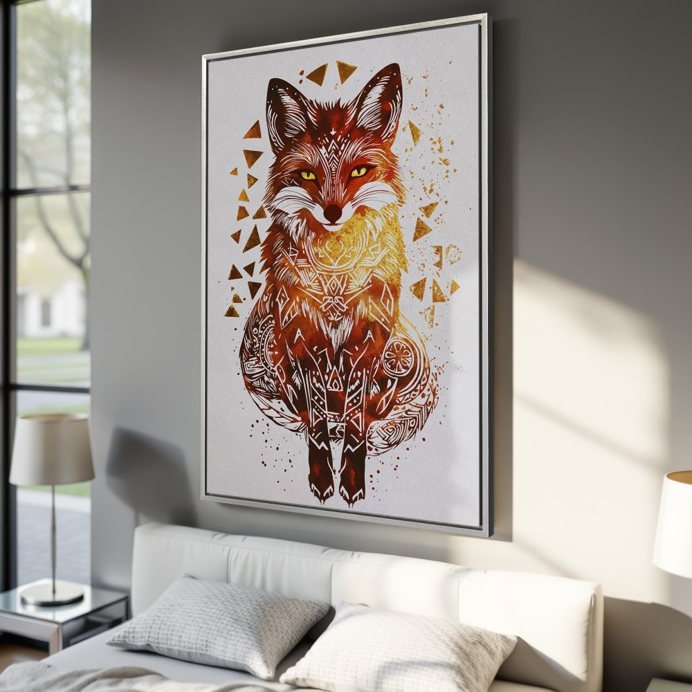 Framed Wall Art: Watercolor fox print in warm orange and gold tones. Perfect for adding a touch of boho style to your bedroom decor.