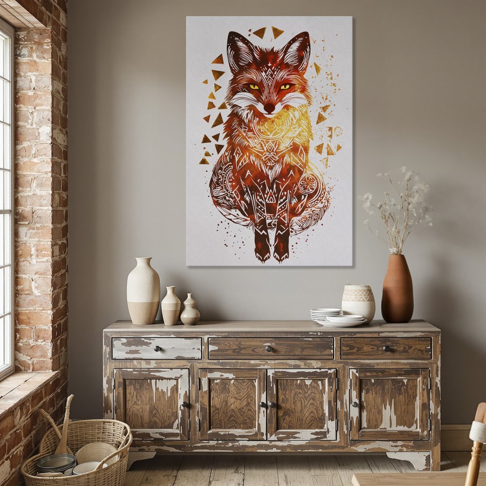Framed Wall Art: Watercolor fox print in warm orange and gold tones. Perfect for adding a touch of nature to your home decor.