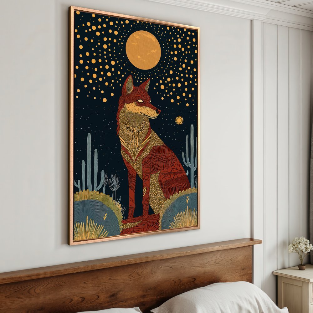 Framed Wall Art: Stylized fox print in warm earth tones, perfect for adding a touch of desert-inspired art to your home decor.