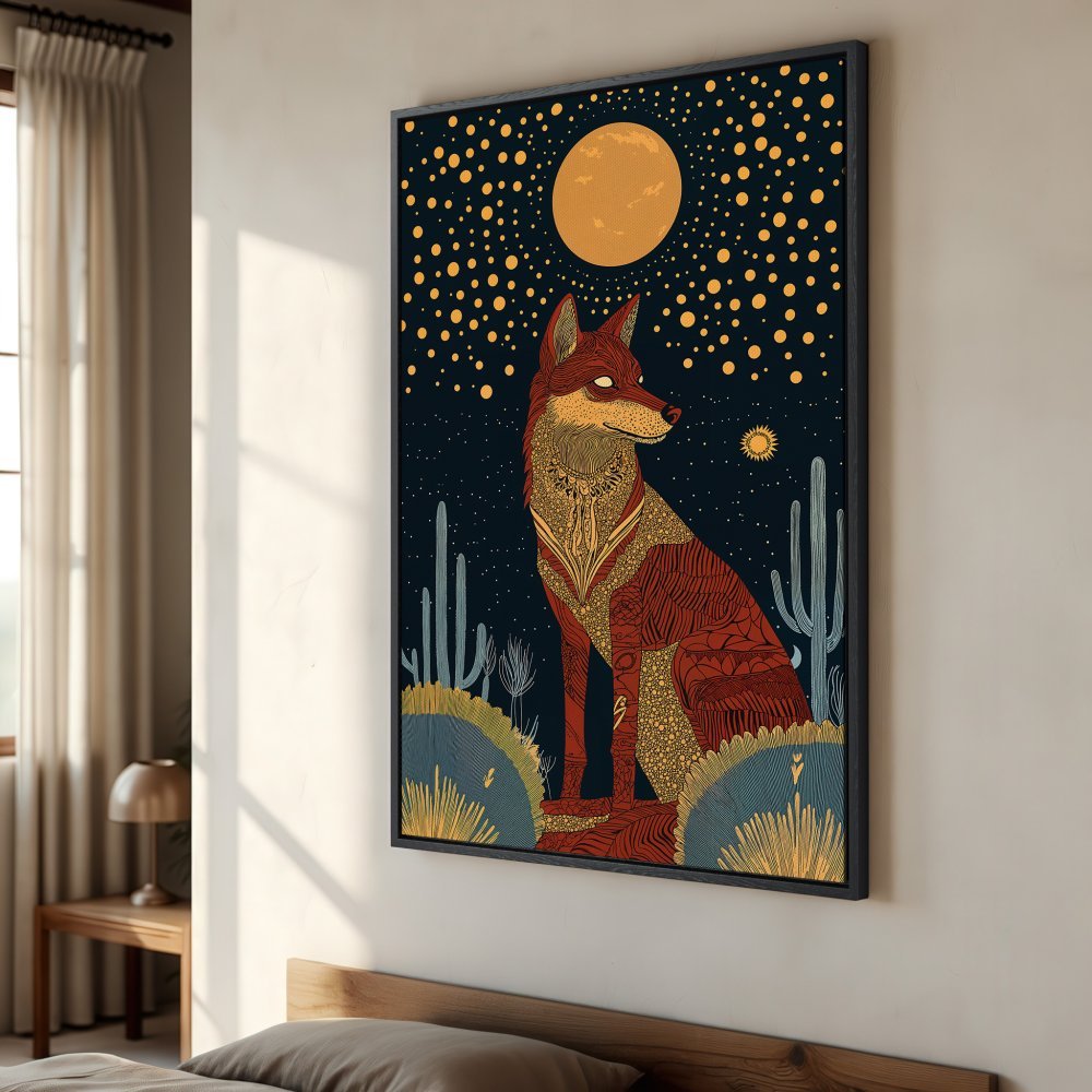 Framed Wall Art: Desert fox illustration in warm earth tones. Boho style Canvas Print adds a touch of Southwestern charm to any space.