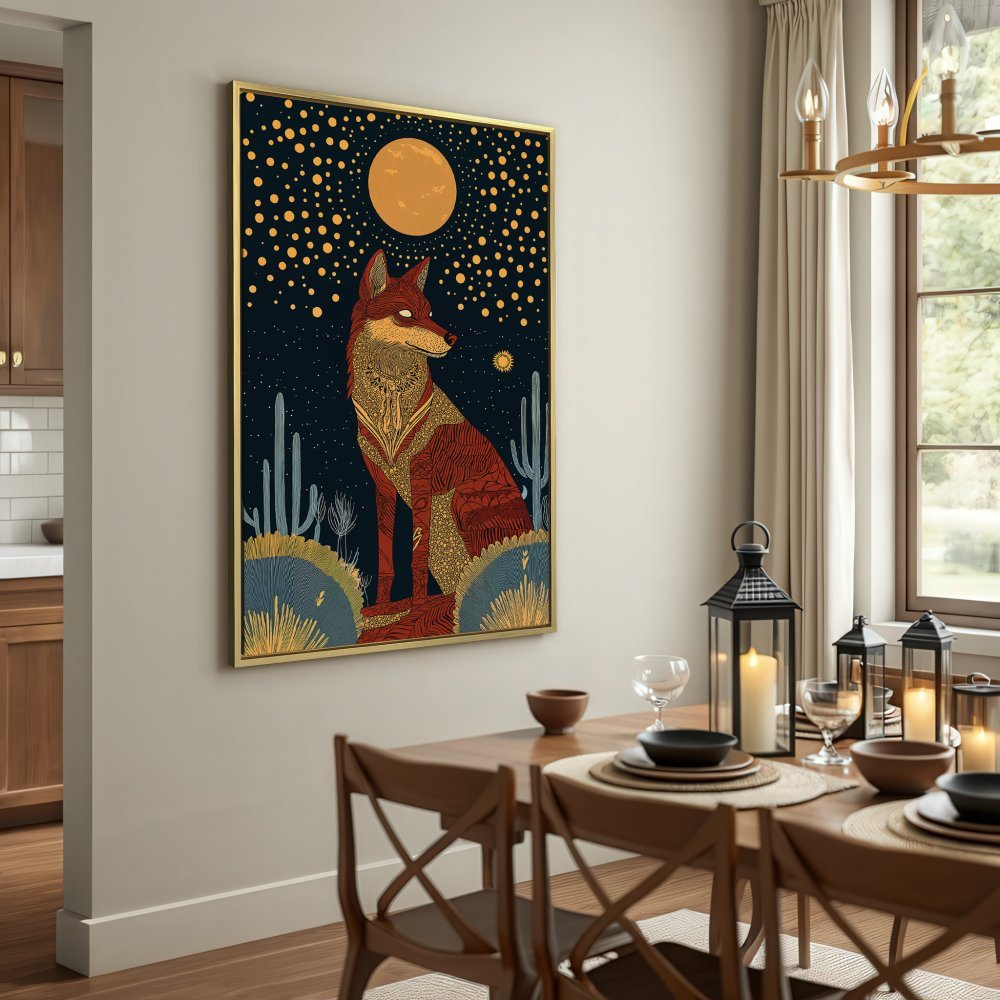 Canvas Print of a stylized desert fox under a night sky. Earthy tones with a touch of gold. Perfect wall art for your home.
