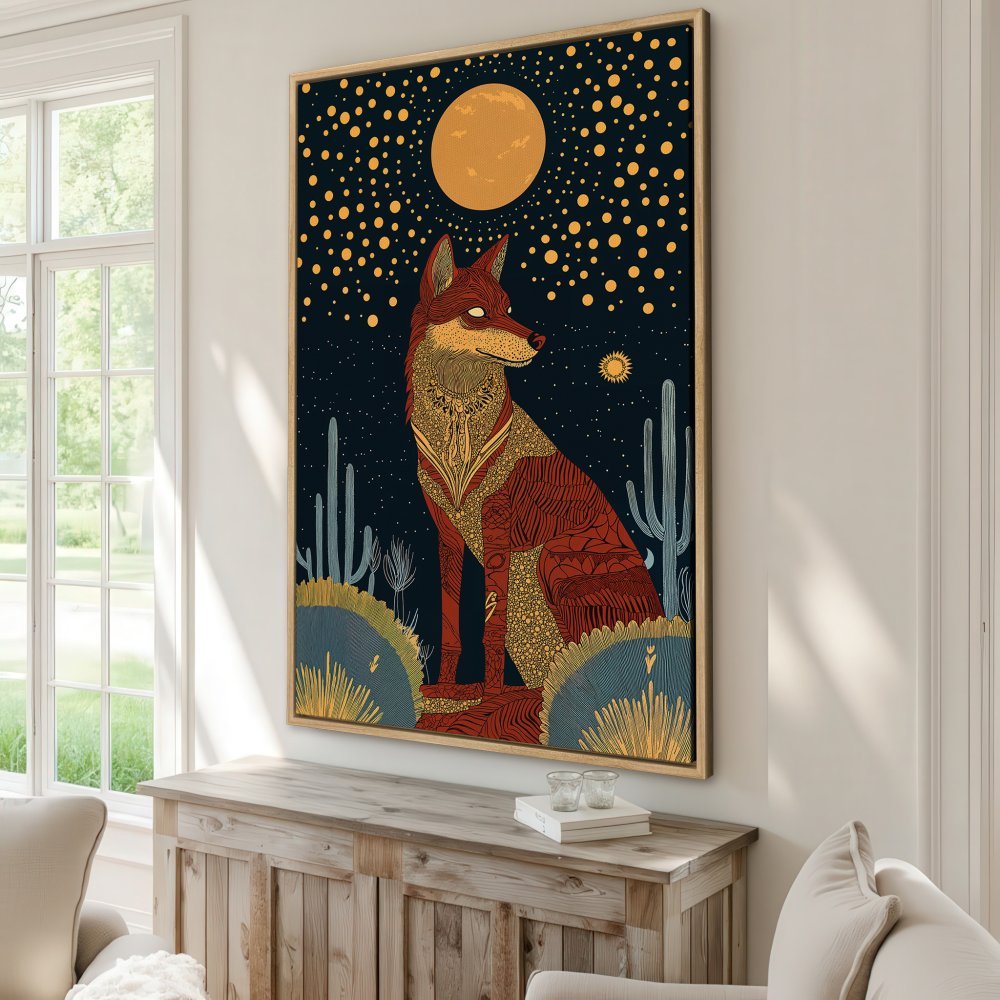 Framed Wall Art: Desert fox illustration in warm red & gold tones. Stunning canvas print for Southwestern decor.