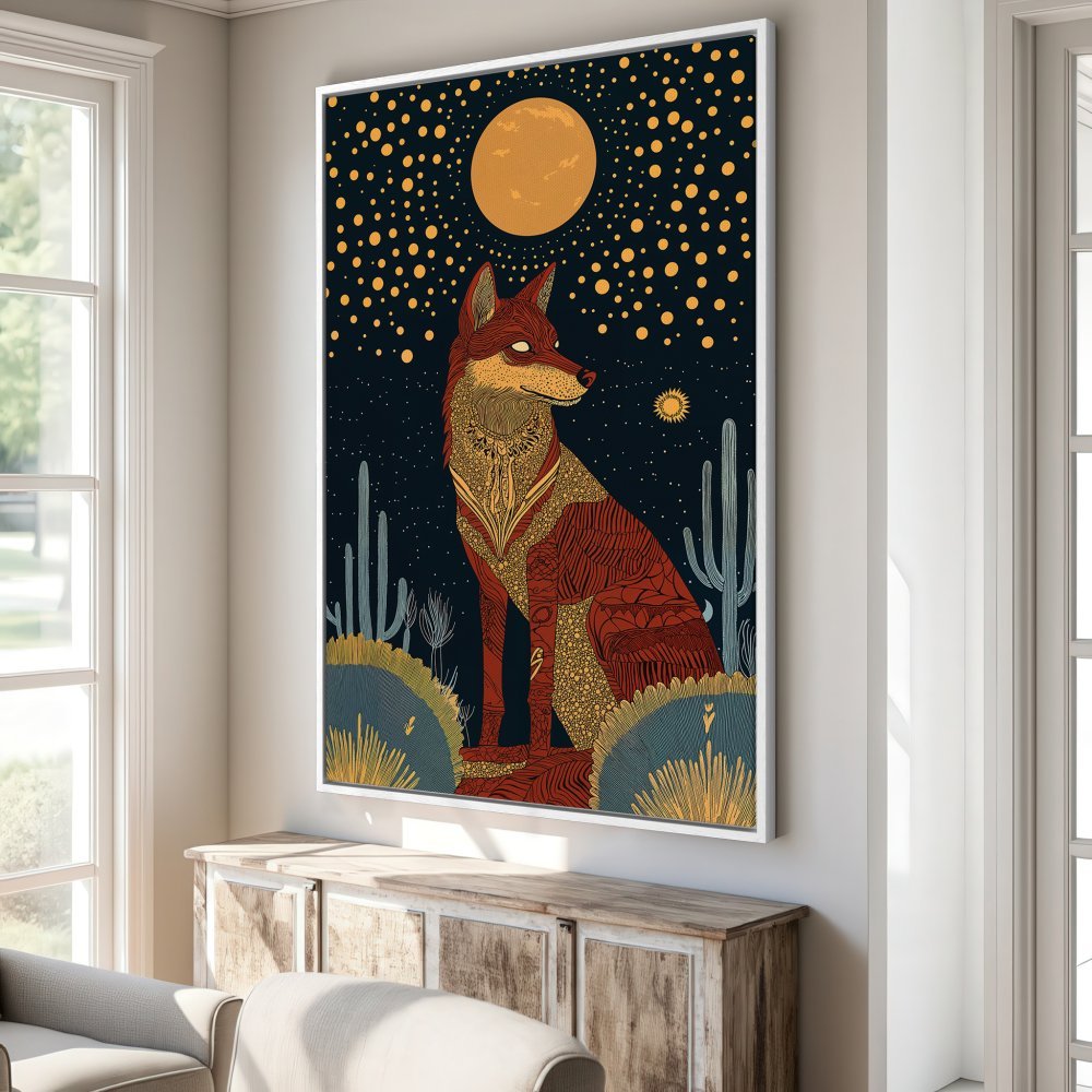Framed Wall Art: Southwestern-style fox under a starry night sky. Earth-toned color palette. Add a touch of desert charm to your home!