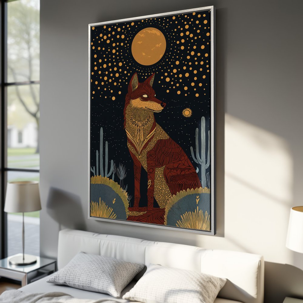 Framed Wall Art: Desert fox illustration in warm earth tones. Stylish canvas print for modern home decor.