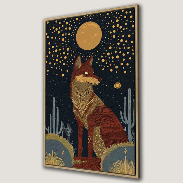 Framed Wall Art: Stylized fox under a starry night sky. Earthy tones of rust, gold, and navy. Perfect desert-inspired decor.