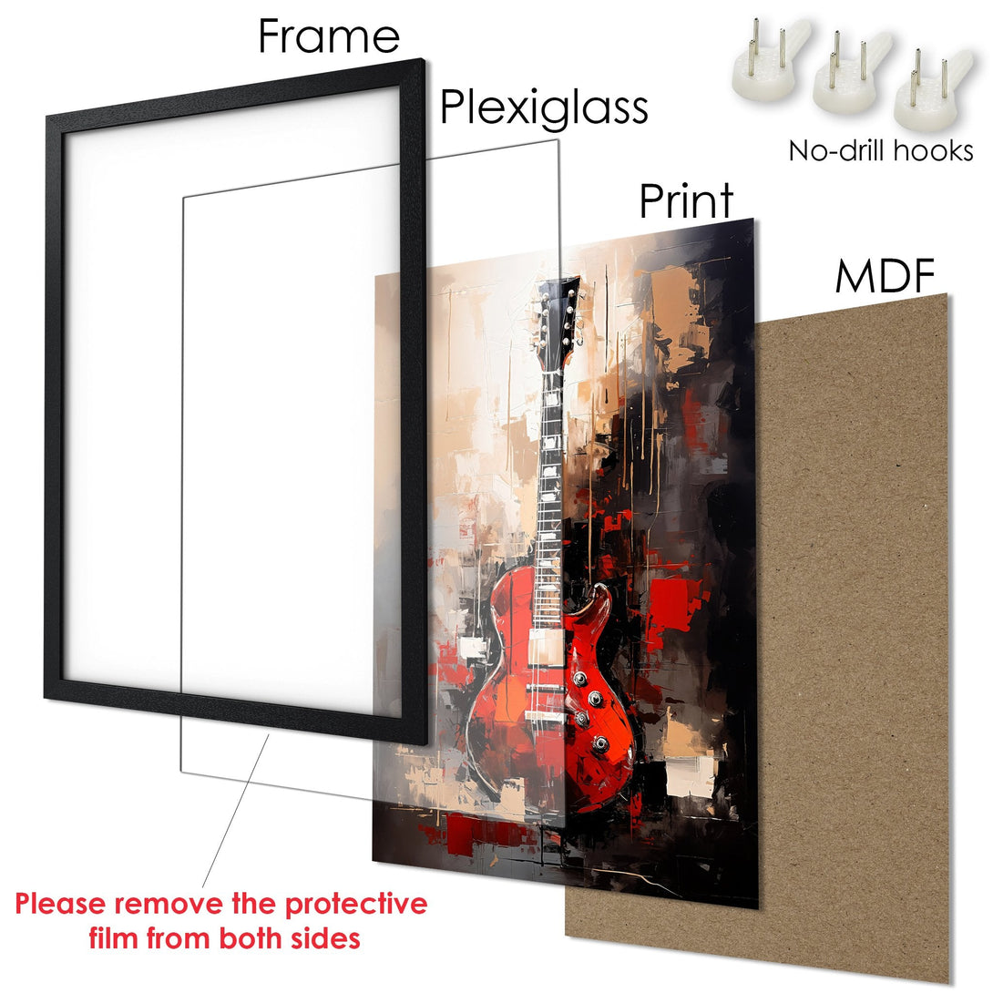 Framed Poster featuring a red guitar abstract art print. Modern style with a bold red, black, and neutral color palette. Ready to hang.