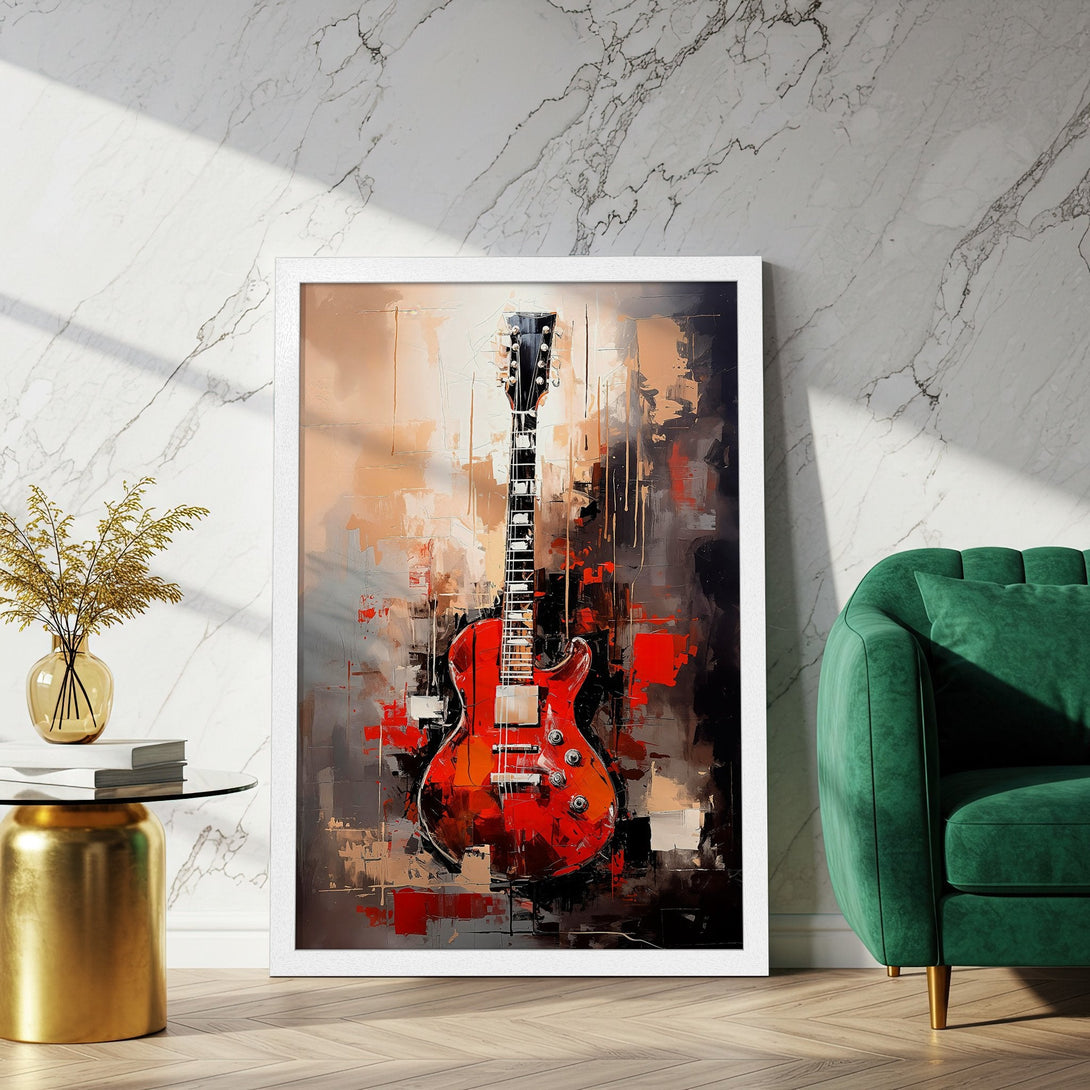 Framed Poster of a red electric guitar, abstract art style, with a warm, neutral, and red color palette. Perfect wall decor!