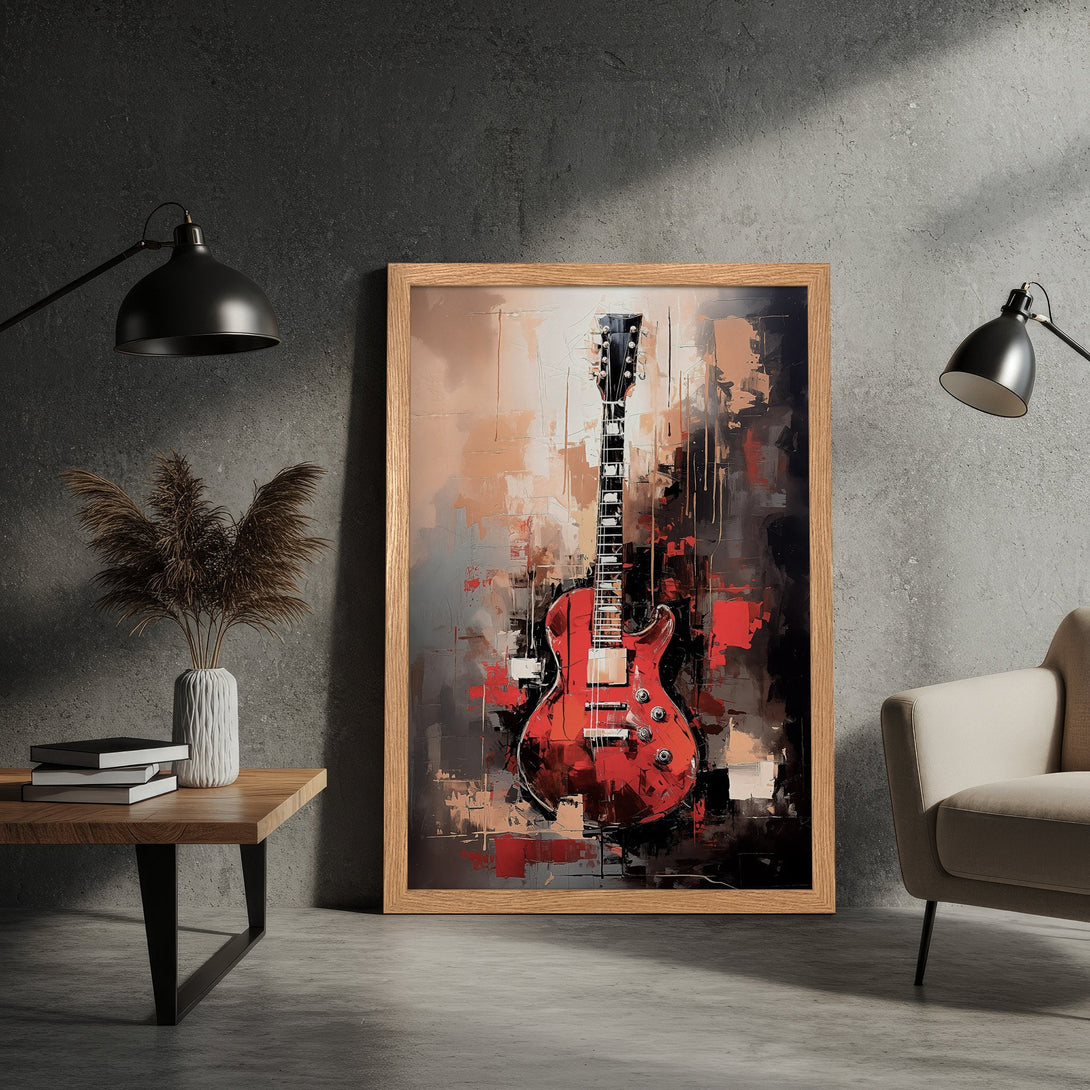 Framed Poster featuring a red guitar, abstract art style with a warm, neutral color palette. Perfect wall art for music lovers!
