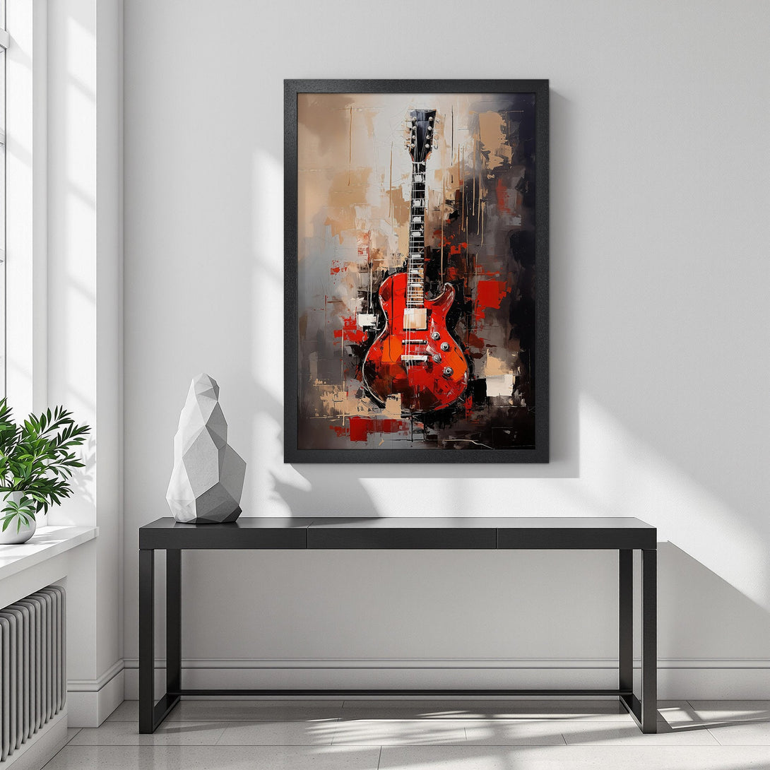 Framed Poster of a red electric guitar. Abstract art style with a warm, neutral color palette. Perfect wall art for music lovers.