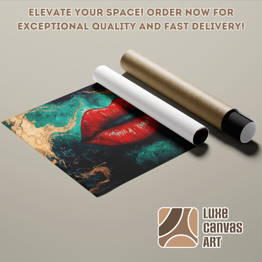 Abstract art Poster Roll with red lips, teal, gold, and black color palette. Elevate your space!