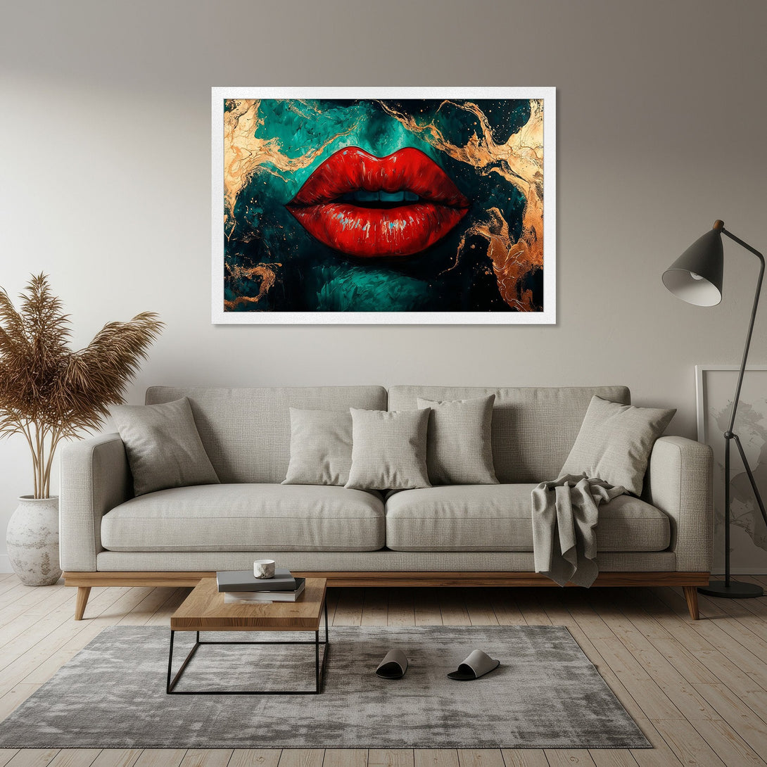 Framed Poster featuring bold red lips against a teal and gold abstract background. Modern art style, striking color palette.
