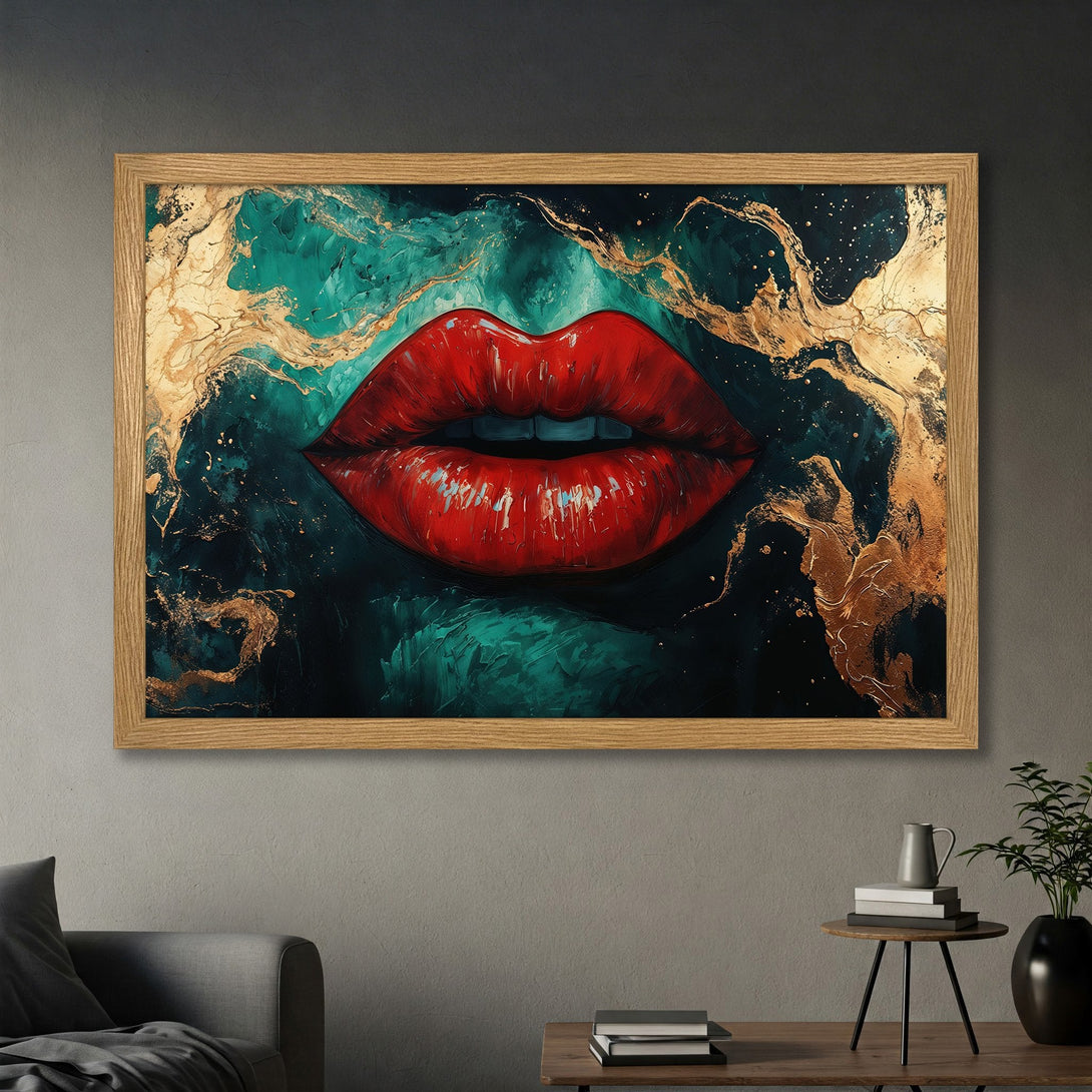 Framed Poster featuring bold red lips on a teal & gold abstract background. Modern art print for stylish home decor.