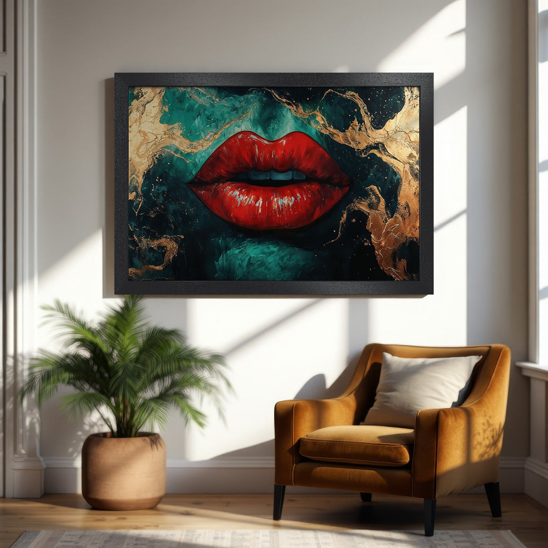 Framed Poster featuring bold red lips artwork in a modern, abstract style with a teal and gold color palette. Perfect wall decor!