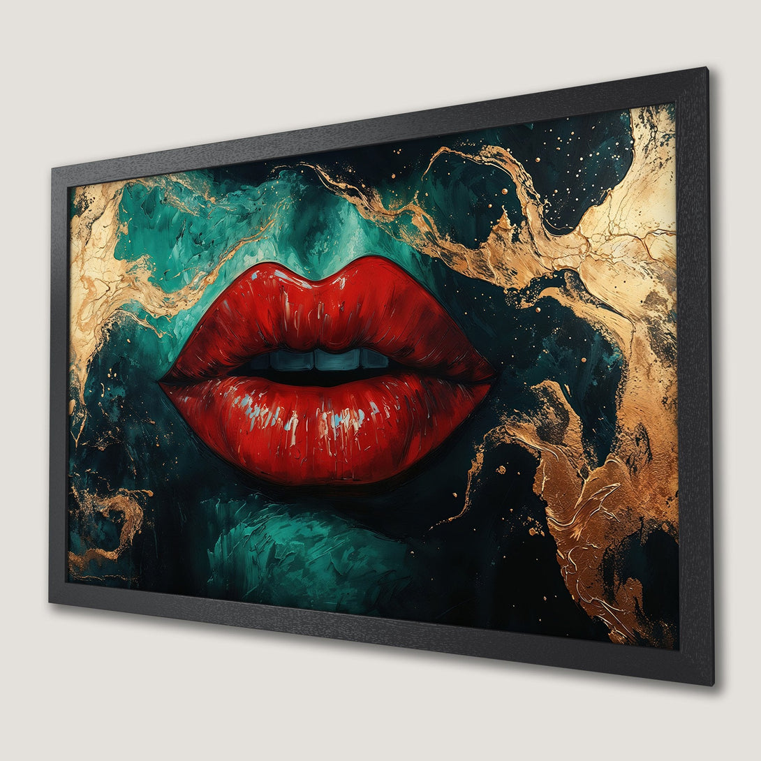 Framed Poster featuring bold red lips against a teal and gold abstract background. Modern art print for your wall.