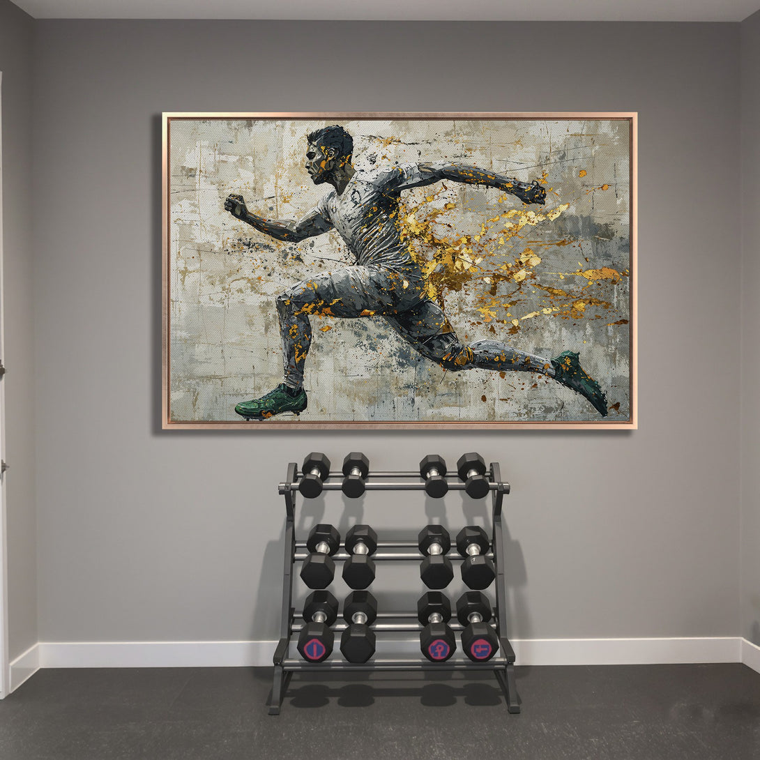 Framed Wall Art of a running soccer player in a modern, abstract style. Features a gray, gold, and green color palette. Perfect for home gym decor.