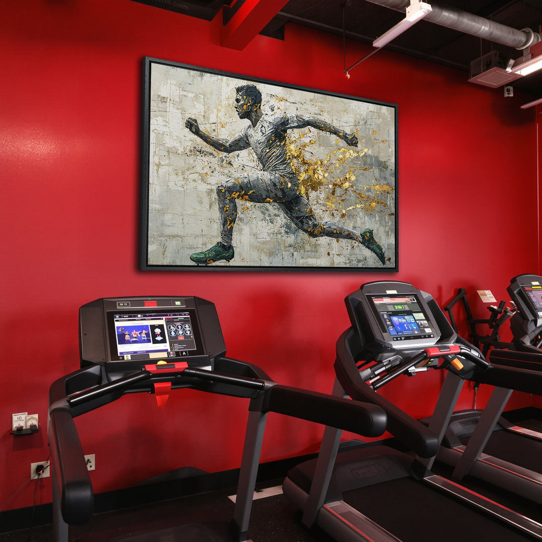 Framed Wall Art of a running athlete in a gym, abstract style with gold and gray tones against a red wall. Perfect for fitness enthusiasts!