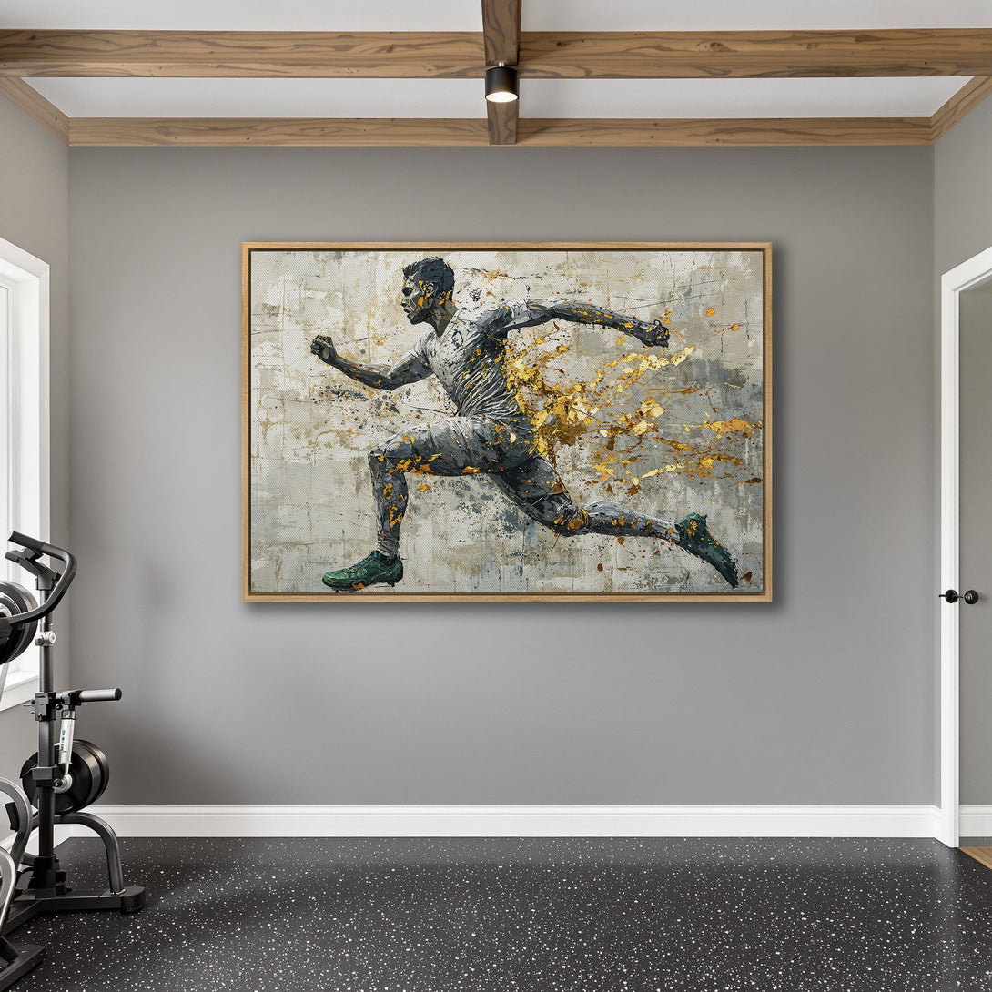Framed Wall Art: Abstract runner in motion, gold accents on a gray & white background. Modern decor for your home gym.