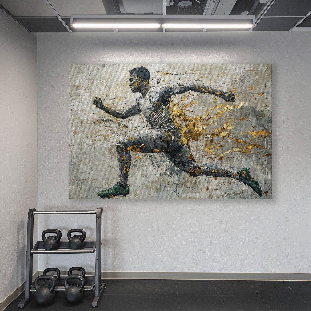 Framed Wall Art of a running athlete in a modern, abstract style. Features a gray, gold, and teal color palette, perfect for home gym decor.