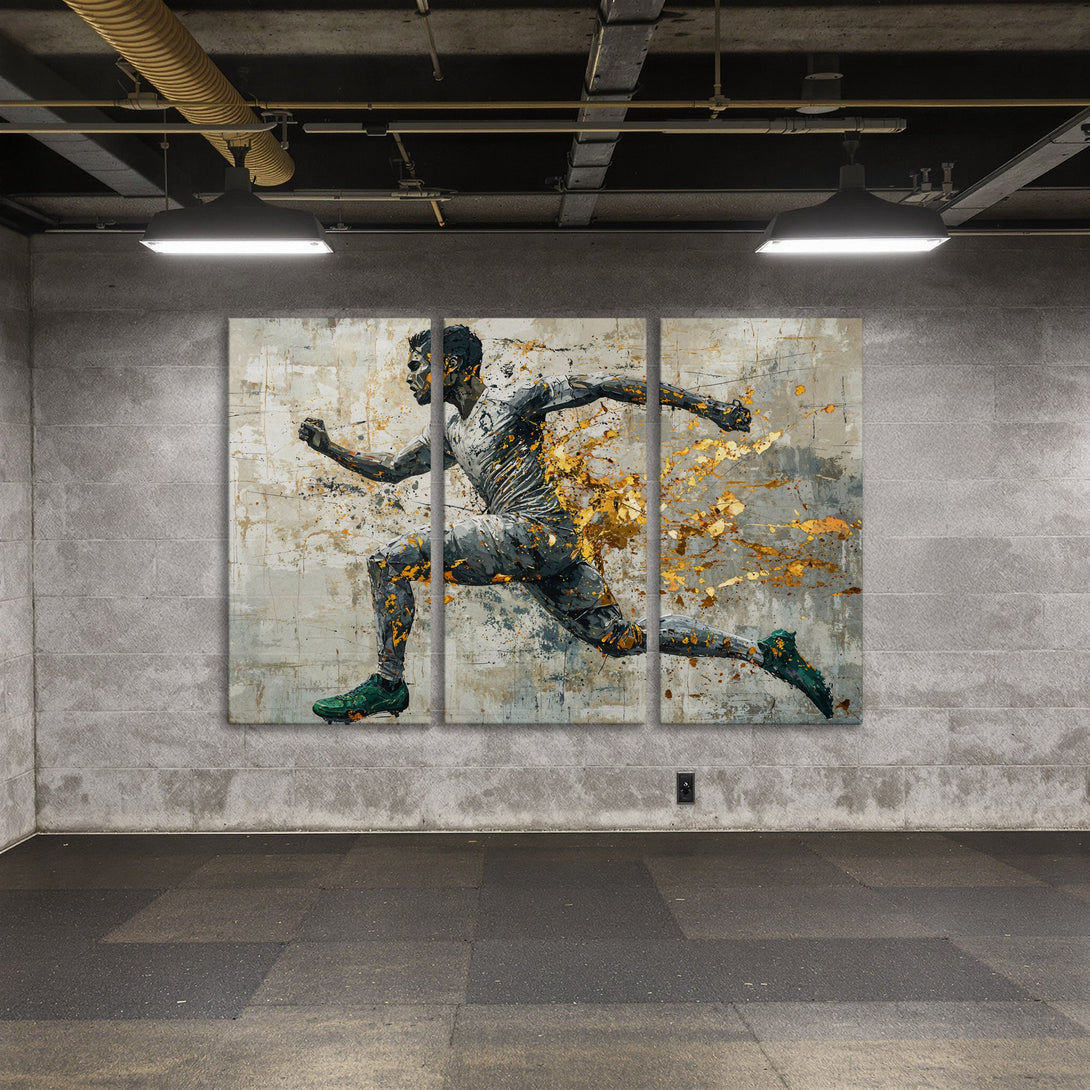 Abstract Canvas Print of a running athlete in gray, gold, and green. Modern wall art for your space!
