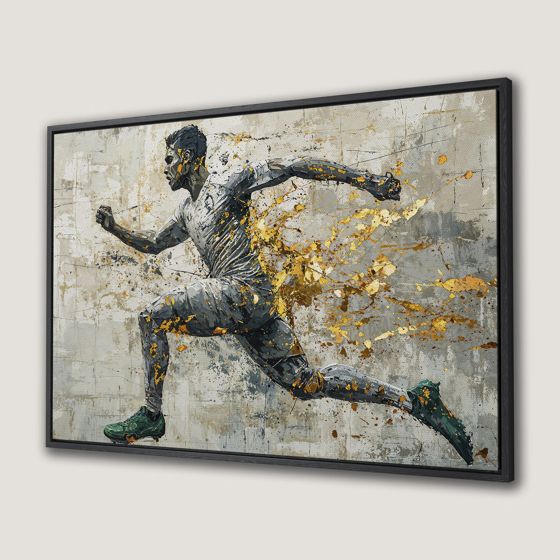 Framed Wall Art: Abstract runner art in gray, gold, and green. Modern canvas print for athletic decor.