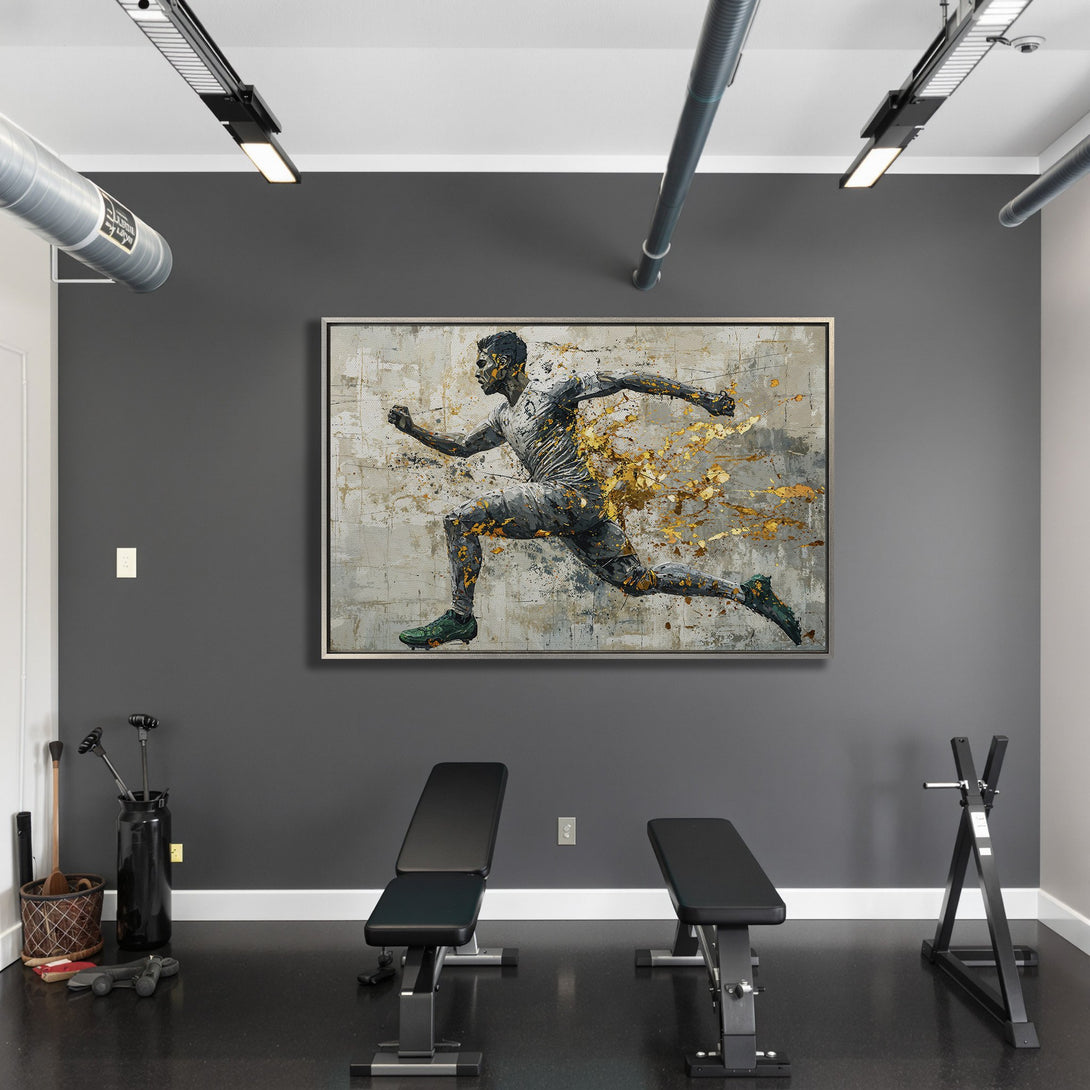 Framed Wall Art of a running athlete with gold accents. Abstract style, neutral and gold color palette. Perfect for modern home decor or gym.