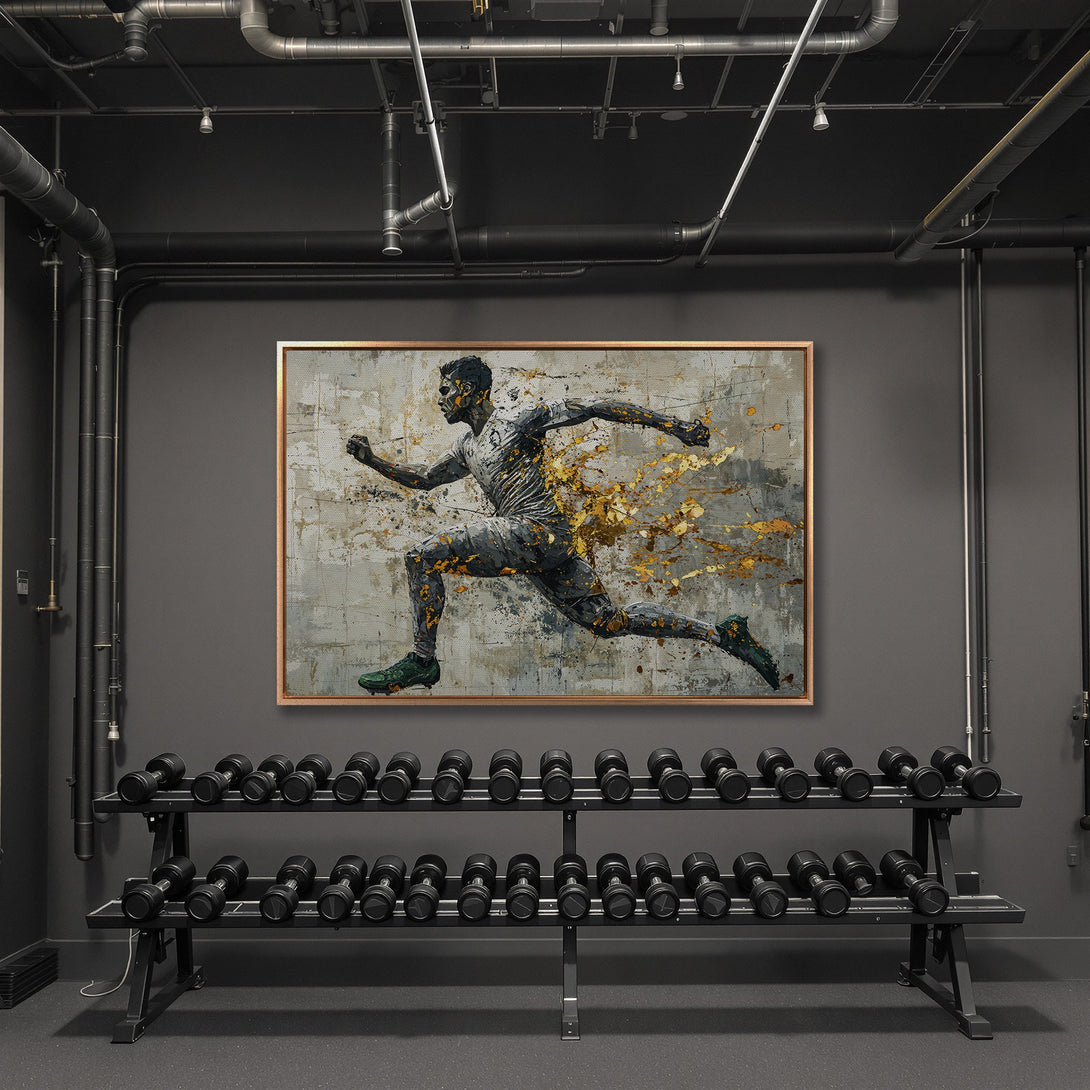 Framed Wall Art of a runner, abstract style with gold and gray tones, displayed in a modern gym setting. Elevate your space!