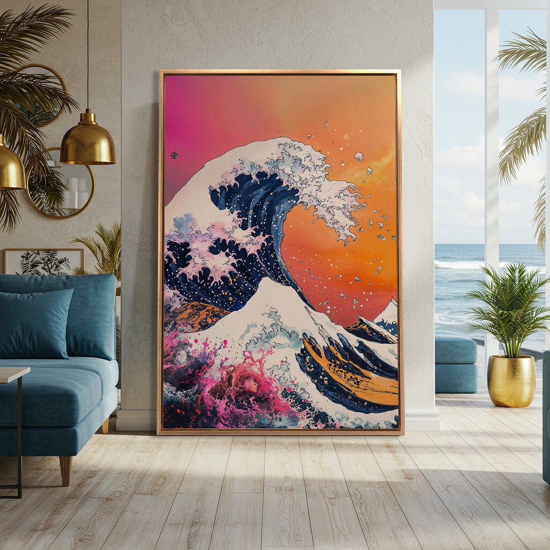 Framed Wall Art: "The Great Wave" Canvas Print in a modern interior. Vibrant colors of pink, orange, and blue create a stunning Japanese-inspired artwork. Elevate your space!
