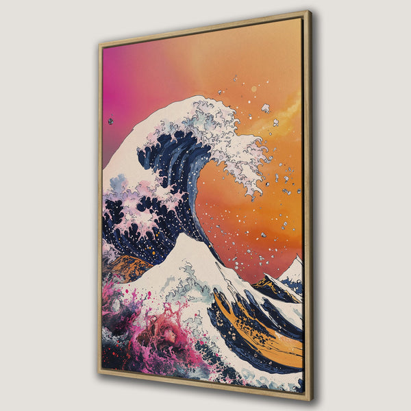 Framed Wall Art: Japanese wave art Canvas Print in vibrant pink, orange, and blue hues. Perfect for adding a touch of zen and color to your home decor.