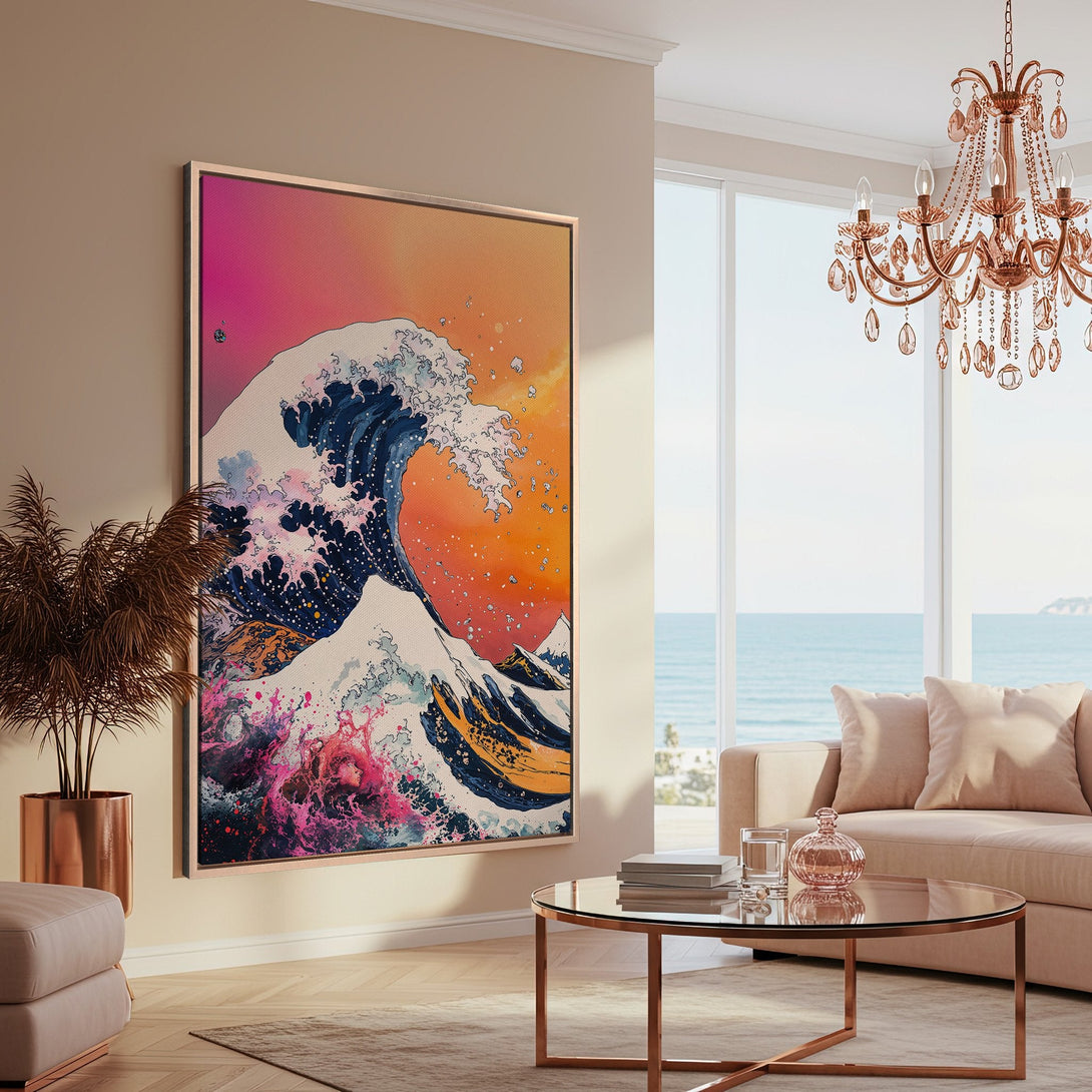 Framed Wall Art: Japanese wave canvas print in a modern living room. Vibrant blues, pinks, and oranges create a stunning statement piece for any space.
