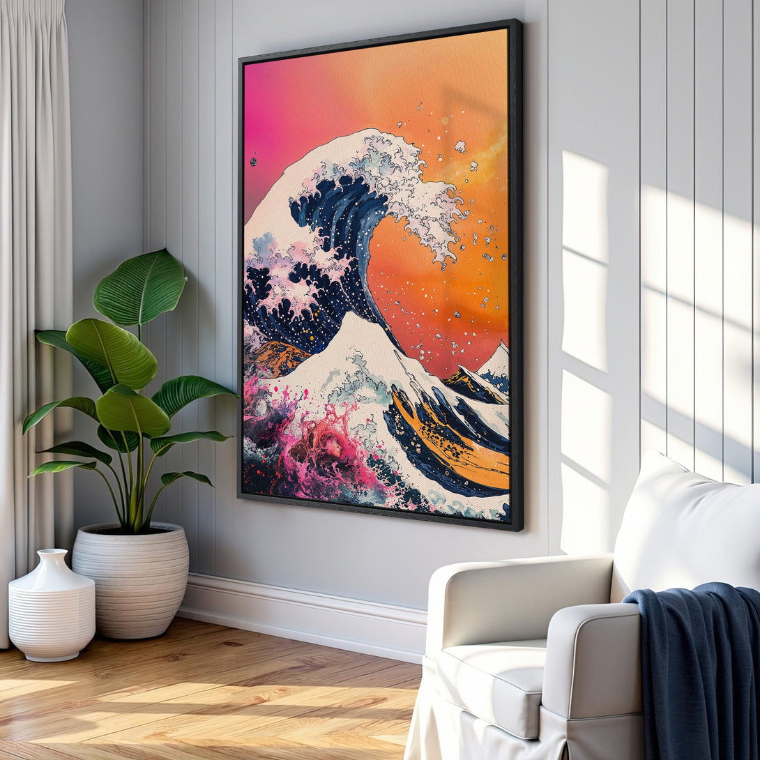 Framed Wall Art of a vibrant wave in a Japanese woodblock style. Bold colors of pink, orange, and blue create a stunning statement piece. Perfect for any space!