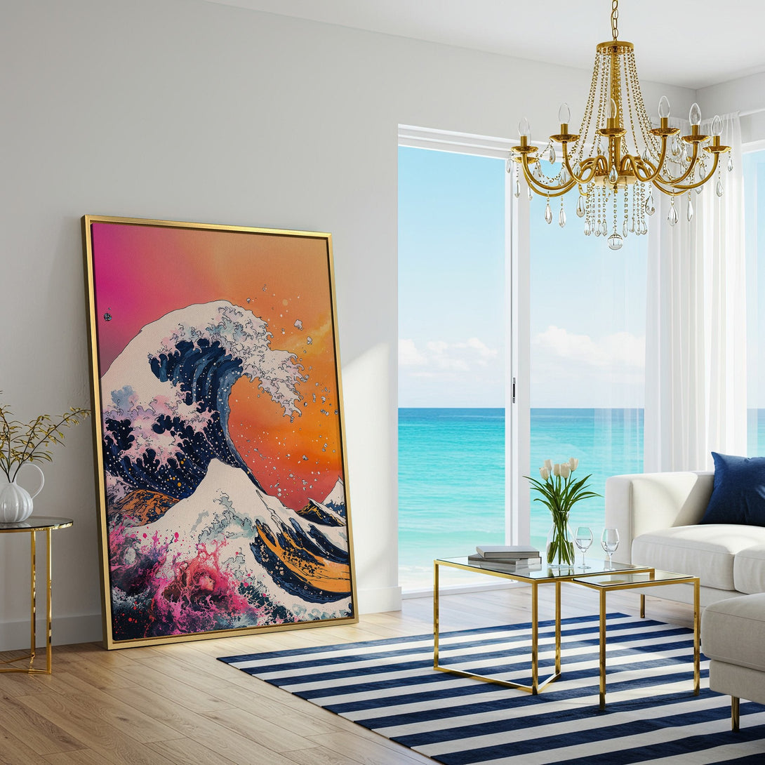 Canvas Print of a vibrant Japanese wave art print. Featuring a bold color palette of orange, pink, and blue, perfect for modern home decor.