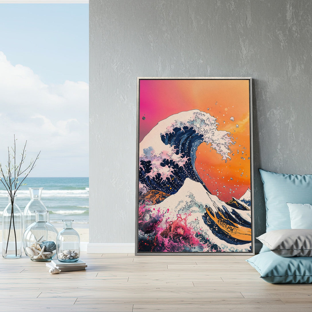 Framed Wall Art: Vibrant wave art Canvas Print in a modern interior. Features a bold color palette of pink, orange, and blue. Perfect for coastal decor.