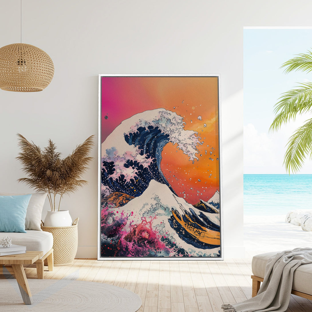 Framed Wall Art: Japanese wave art print in vibrant pink, orange, and blue hues. Perfect coastal decor for a modern, stylish living room.