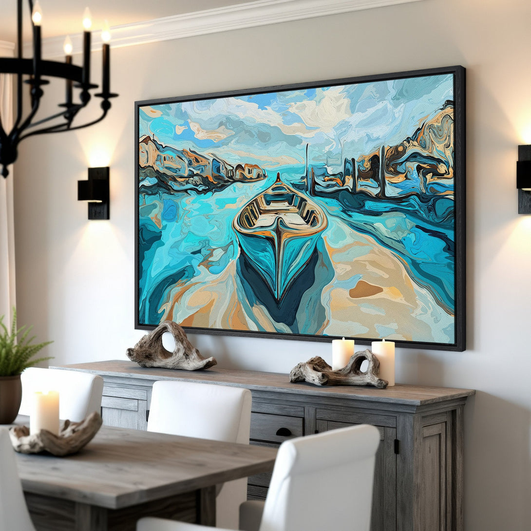 Framed Wall Art: Abstract boat scene in shades of blue, teal, and gold. Modern canvas print adds coastal vibes to any room. Shop now for unique wall decor!