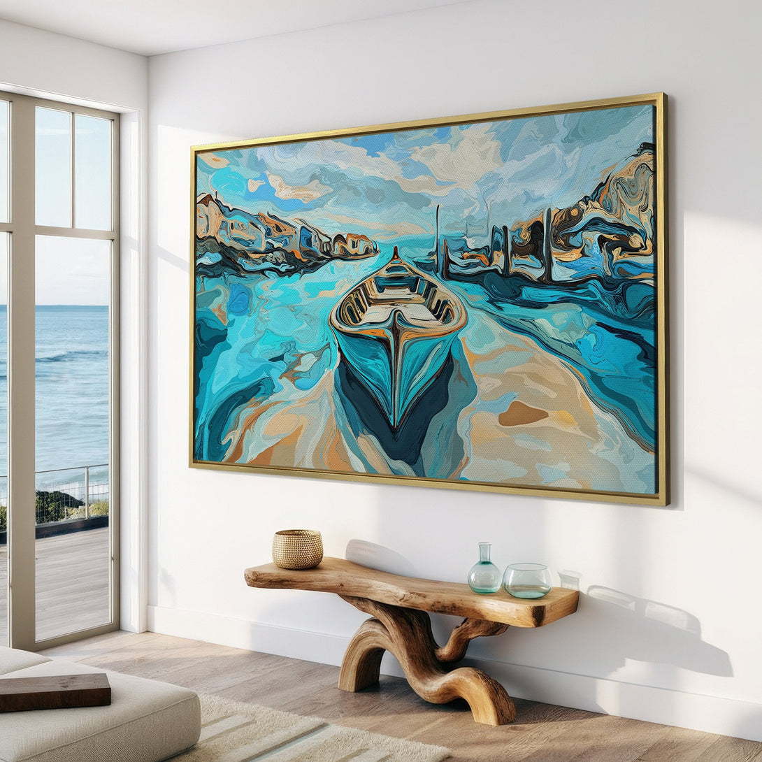 Canvas Print of a boat scene in abstract style, featuring a blue and beige color palette. Perfect art for coastal decor.