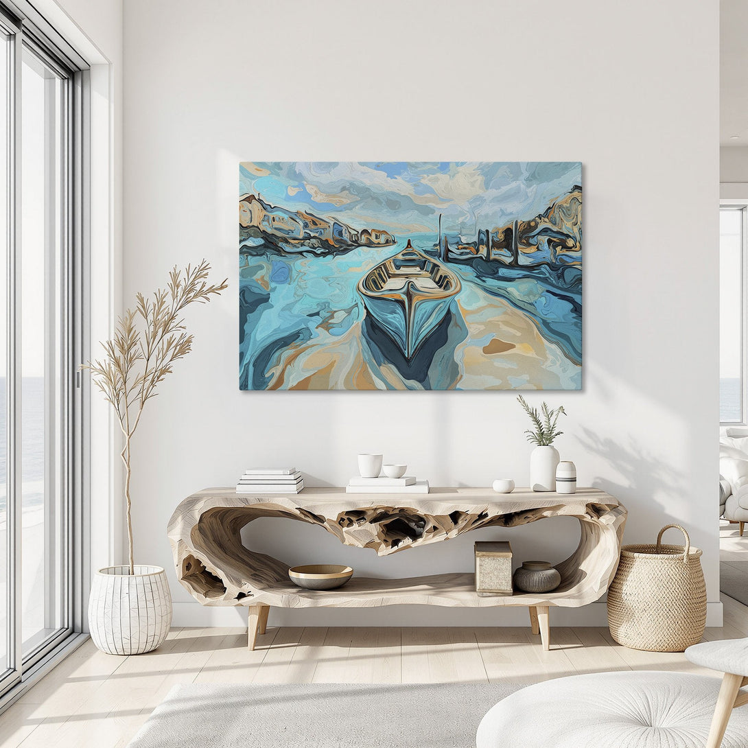 Framed Wall Art: Abstract boat scene with teal and gold color palette. Coastal art perfect for any interior. Shop now for unique wall decor!