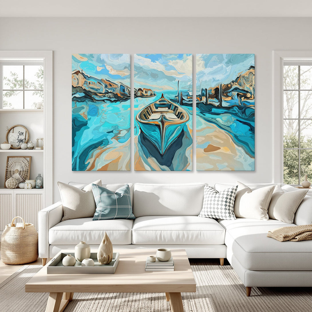 Abstract Canvas Print of boat scene in blue and teal tones, perfect for coastal decor.