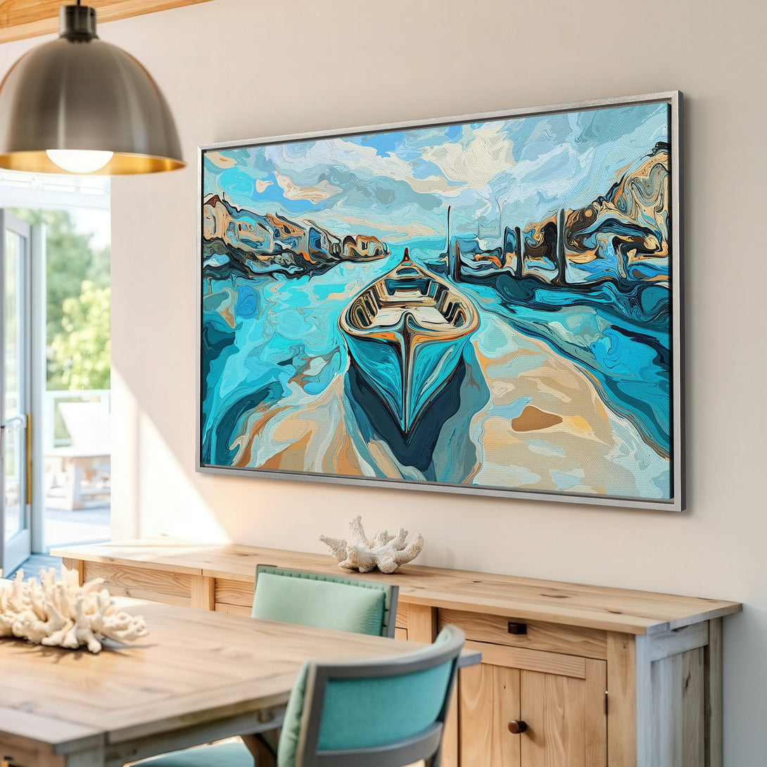Framed Wall Art: Abstract boat scene in turquoise and beige. Modern art Canvas Print adds coastal vibes to any space. Shop now!