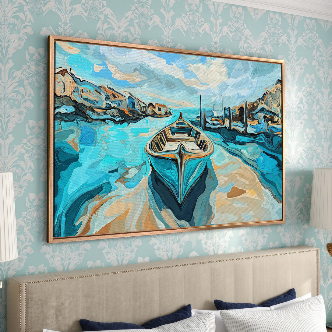 Framed Wall Art: Abstract boat scene in turquoise and gold tones. Modern canvas print adds coastal charm to any room. Shop now!