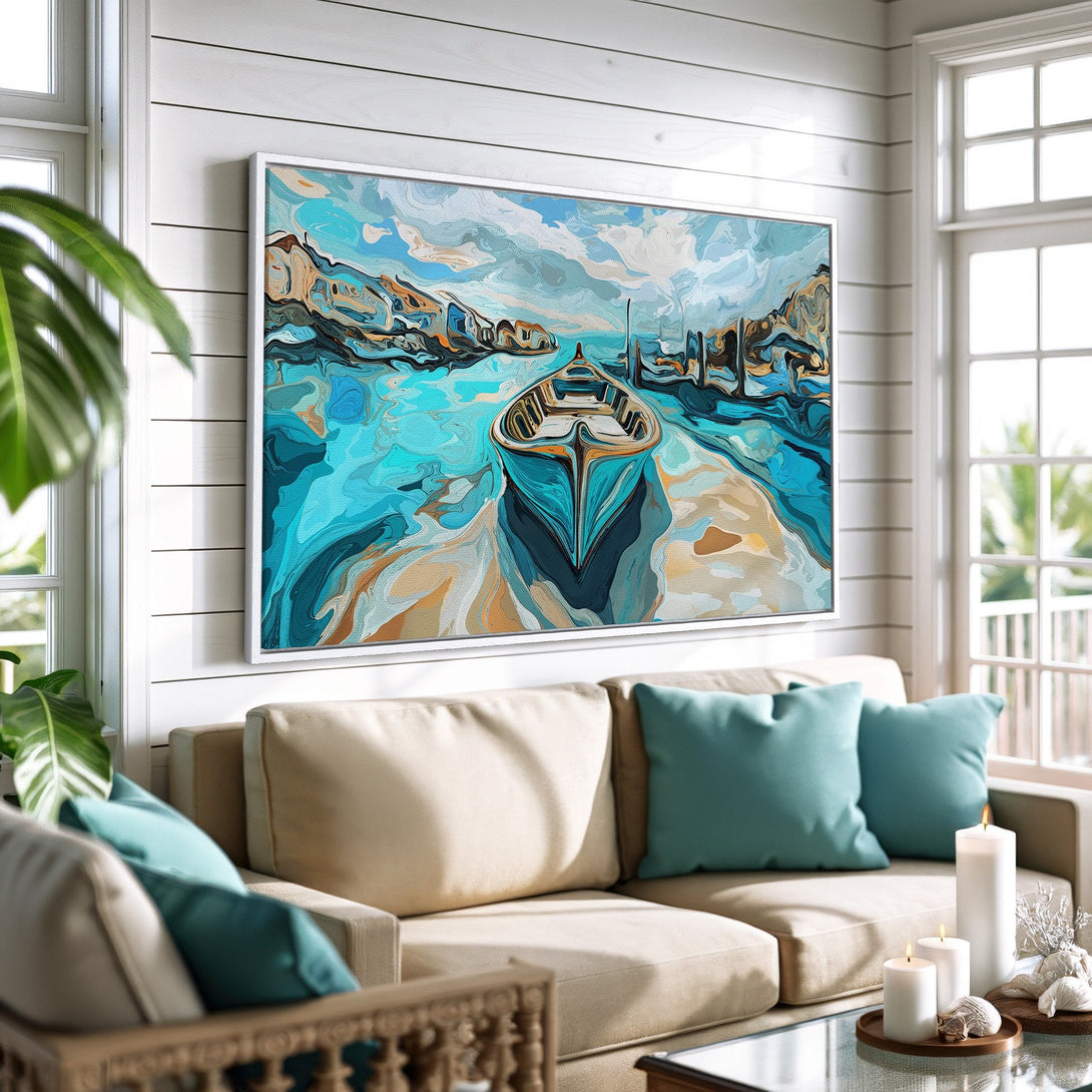 Framed Wall Art: Abstract boat scene in turquoise and blue hues. Coastal living room decor, perfect for adding a pop of color and artistic flair.