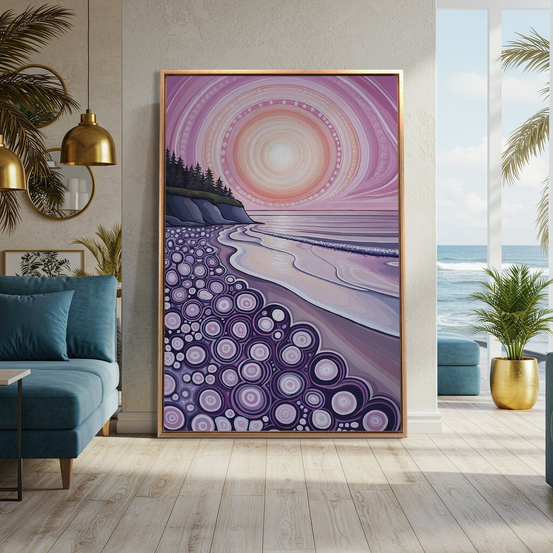 Framed Wall Art: Abstract beach scene in purple and pink hues. Modern art style. Perfect for coastal decor. Add a touch of serenity to your space!