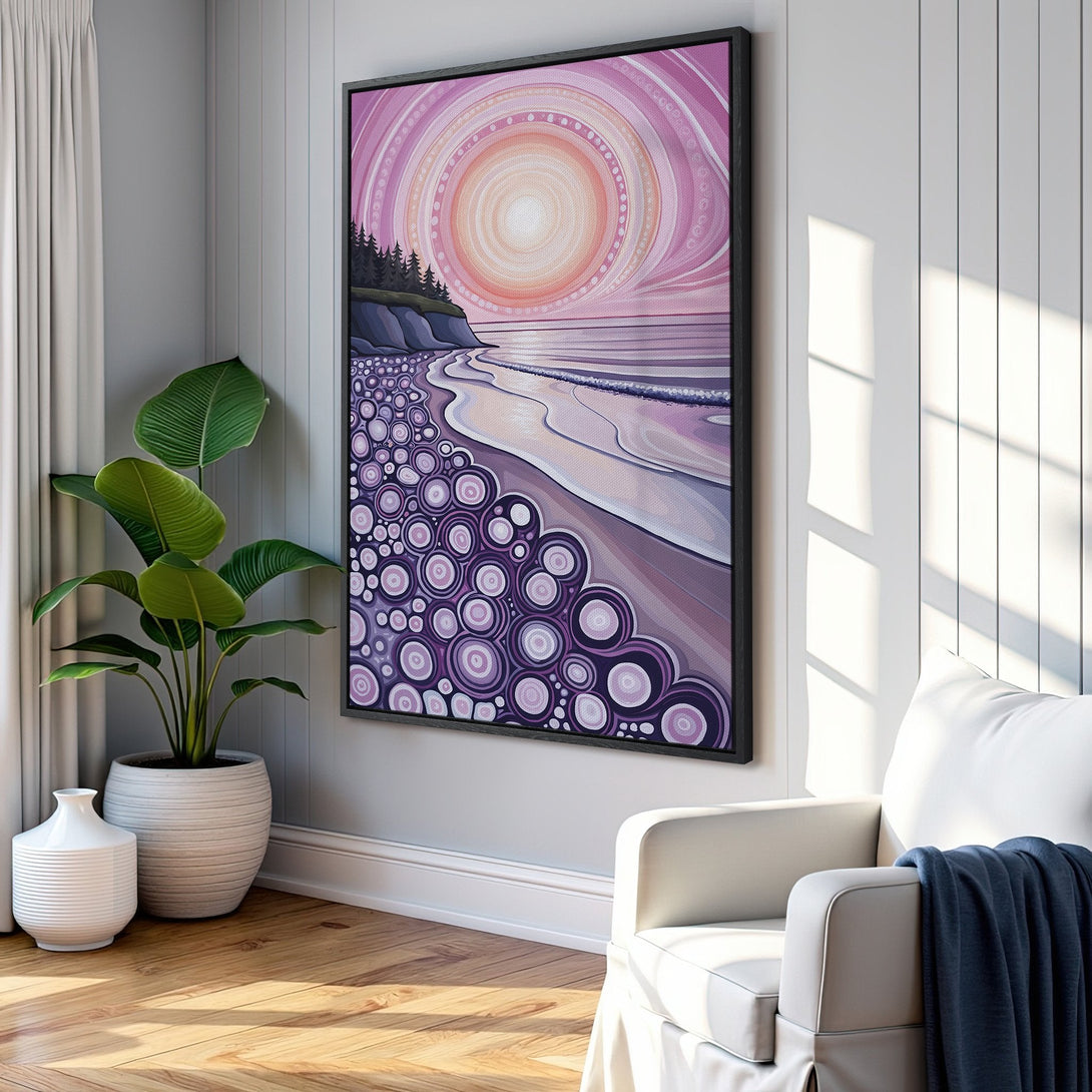 Framed Wall Art: Abstract beach scene canvas print in pink and purple hues. Modern art style, perfect for adding a pop of color to your living room decor.