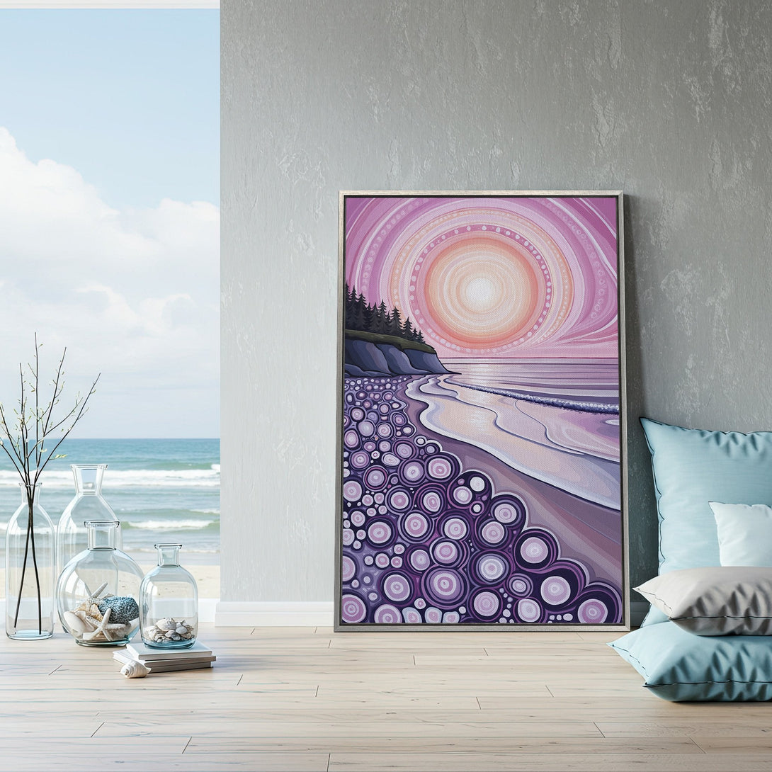 Framed Wall Art of a beach scene in a modern, abstract style with a purple and pink color palette. Perfect for coastal decor!