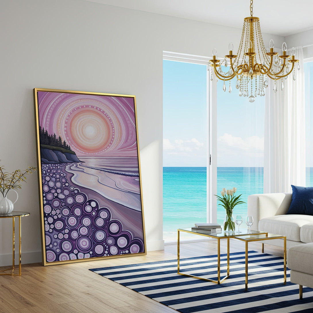 Canvas Print of a beach scene in a modern style, featuring a pink and purple color palette, perfect for coastal decor.