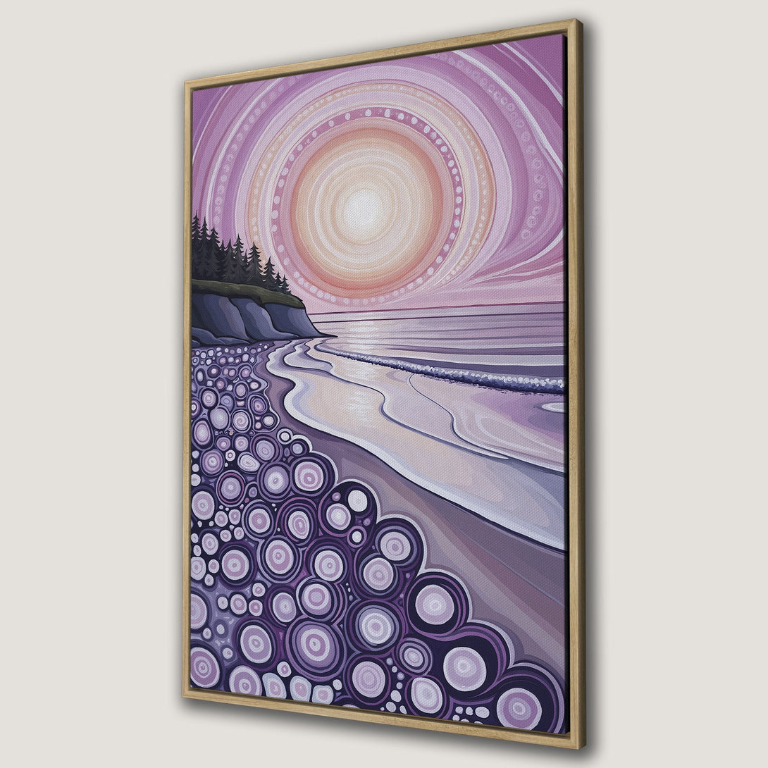Framed Wall Art of a stylized beach scene with a sunset. Abstract art in purple and pink tones. Perfect for coastal decor.