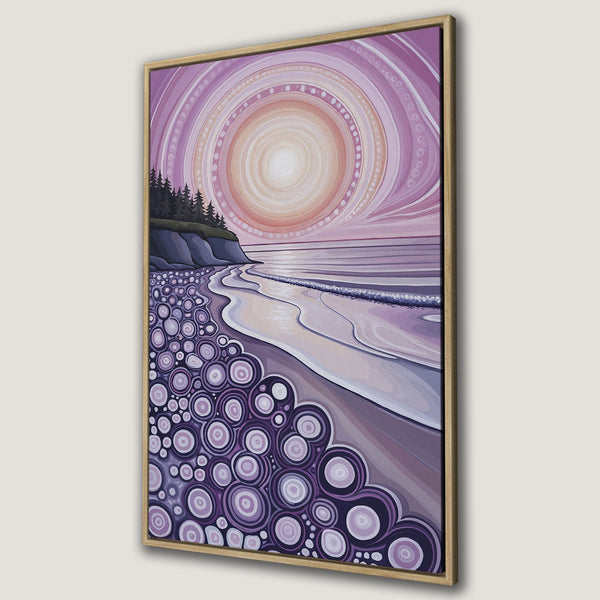 Framed Wall Art of a stylized beach scene with a sunset. Abstract art in purple and pink tones. Perfect for coastal decor.